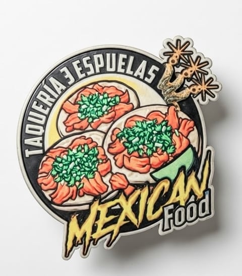 Logo for Taqueria Espuelas Mexican Food featuring three stuffed peppers with green filling and decorative flowers